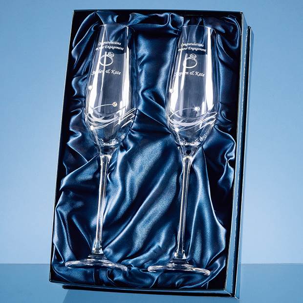 2 Diamante Champagne Flutes with Elegance Spiral Cutting in a Satin Lined Gift Box